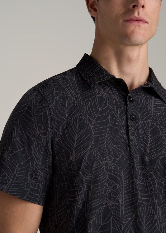 Coastal Perforated Tall Men's Polo Shirt in Black Tropical