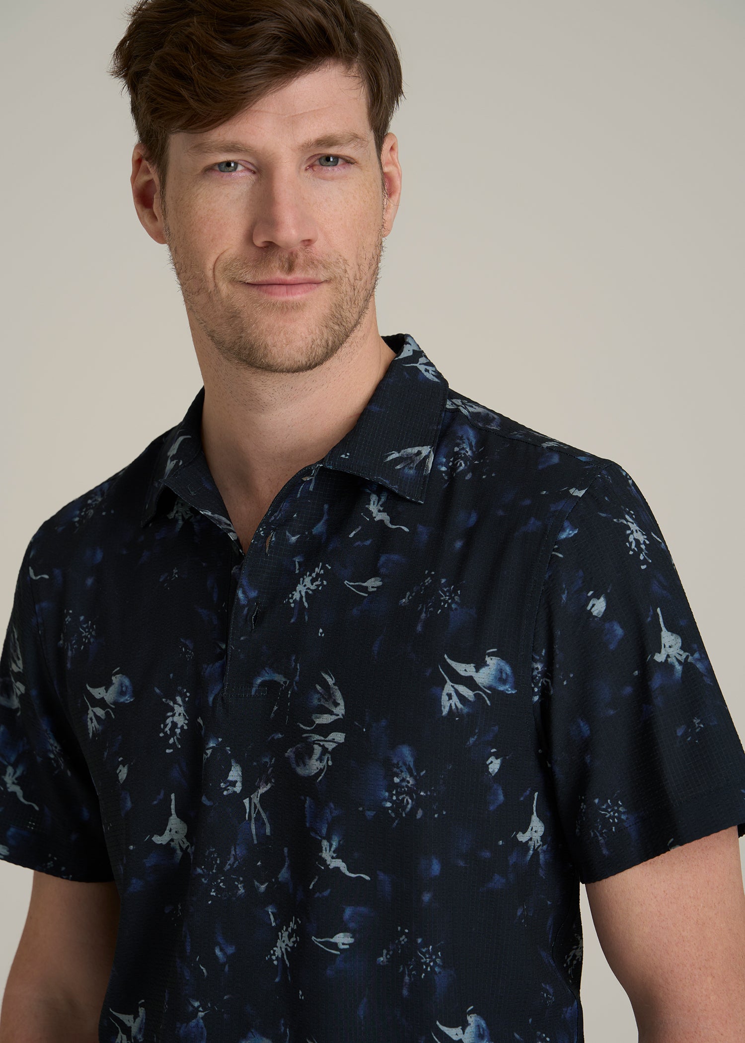 Coastal Perforated Polo Shirt for Tall Men in Black and Violet Floral