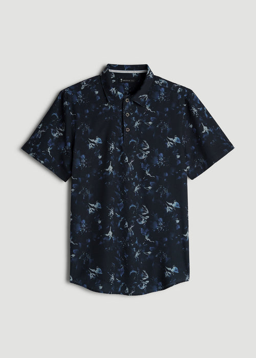 Coastal Perforated Polo Shirt for Tall Men in Black and Violet Floral