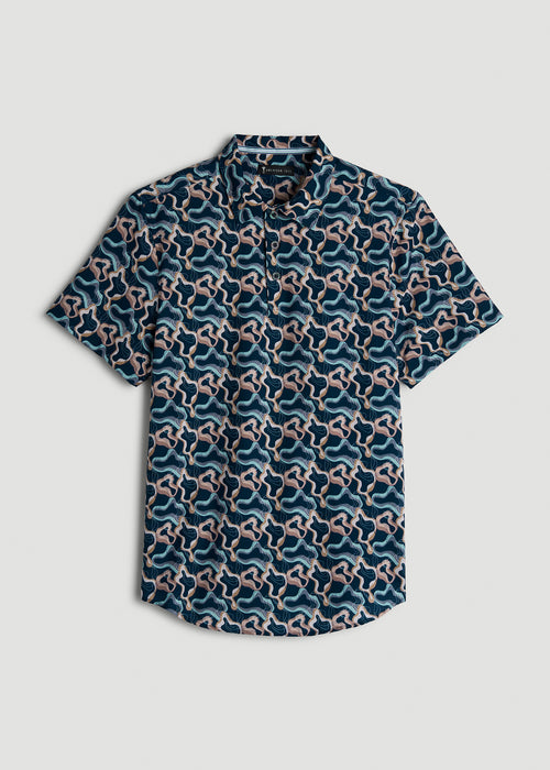 Coastal Perforated Polo Shirt for Tall Men in Blue and Rose Abstract