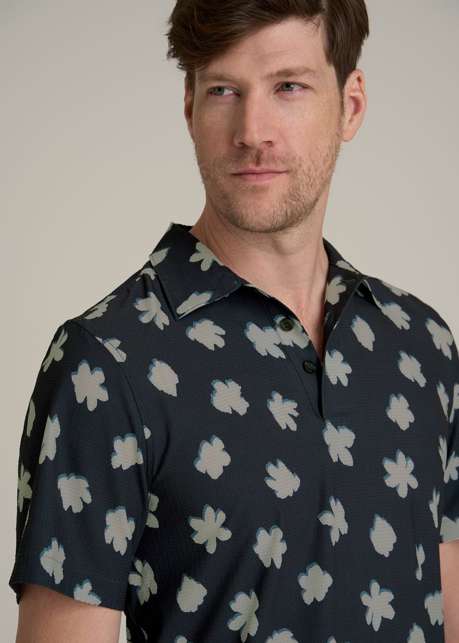 Coastal Perforated Polo Shirt for Tall Men in Navy and Bone Floral