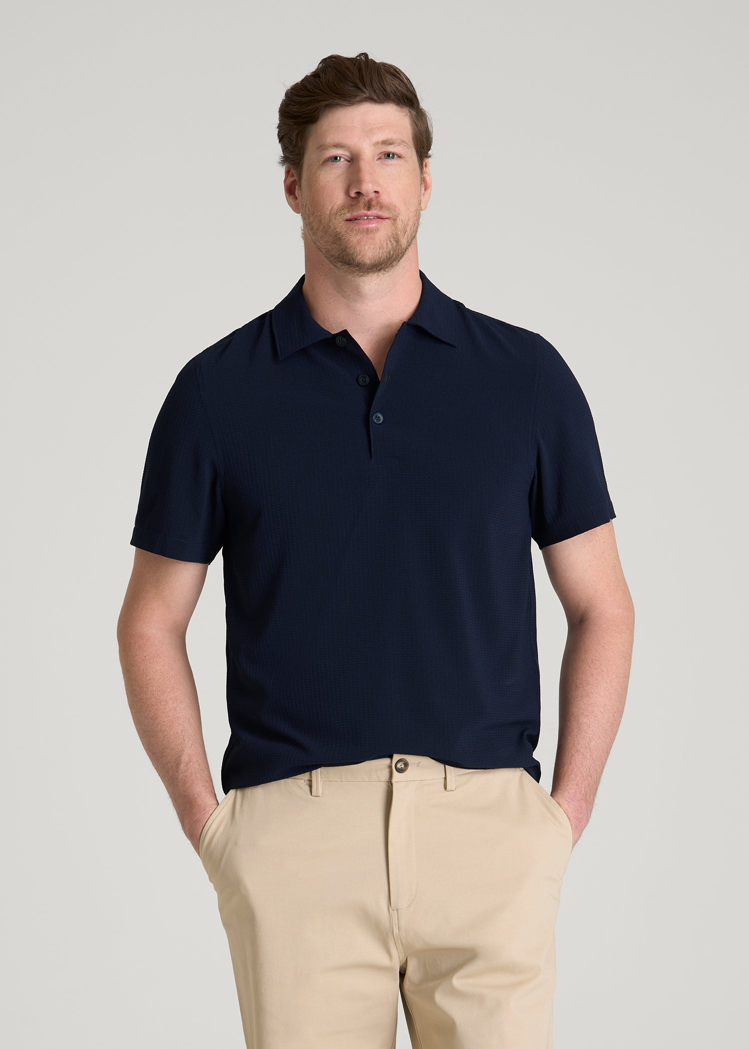 navy blue dress shirt with khaki pants Coastal Perforated Polo for Tall Men in Patriot Blue M / Tall / Patriot Blue