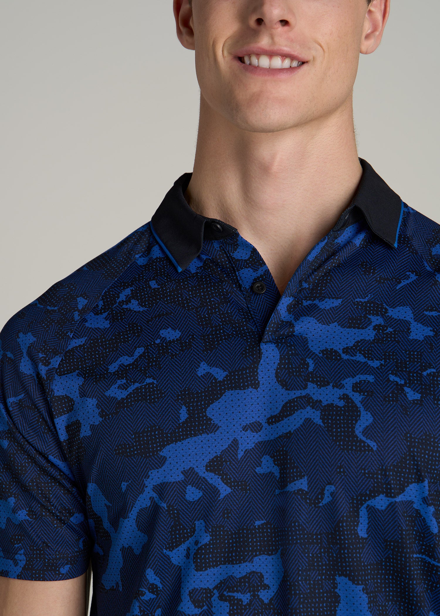 A.T. Performance Contrast Collar Golf Polo Shirt for Tall Men in Blue and Black Camo