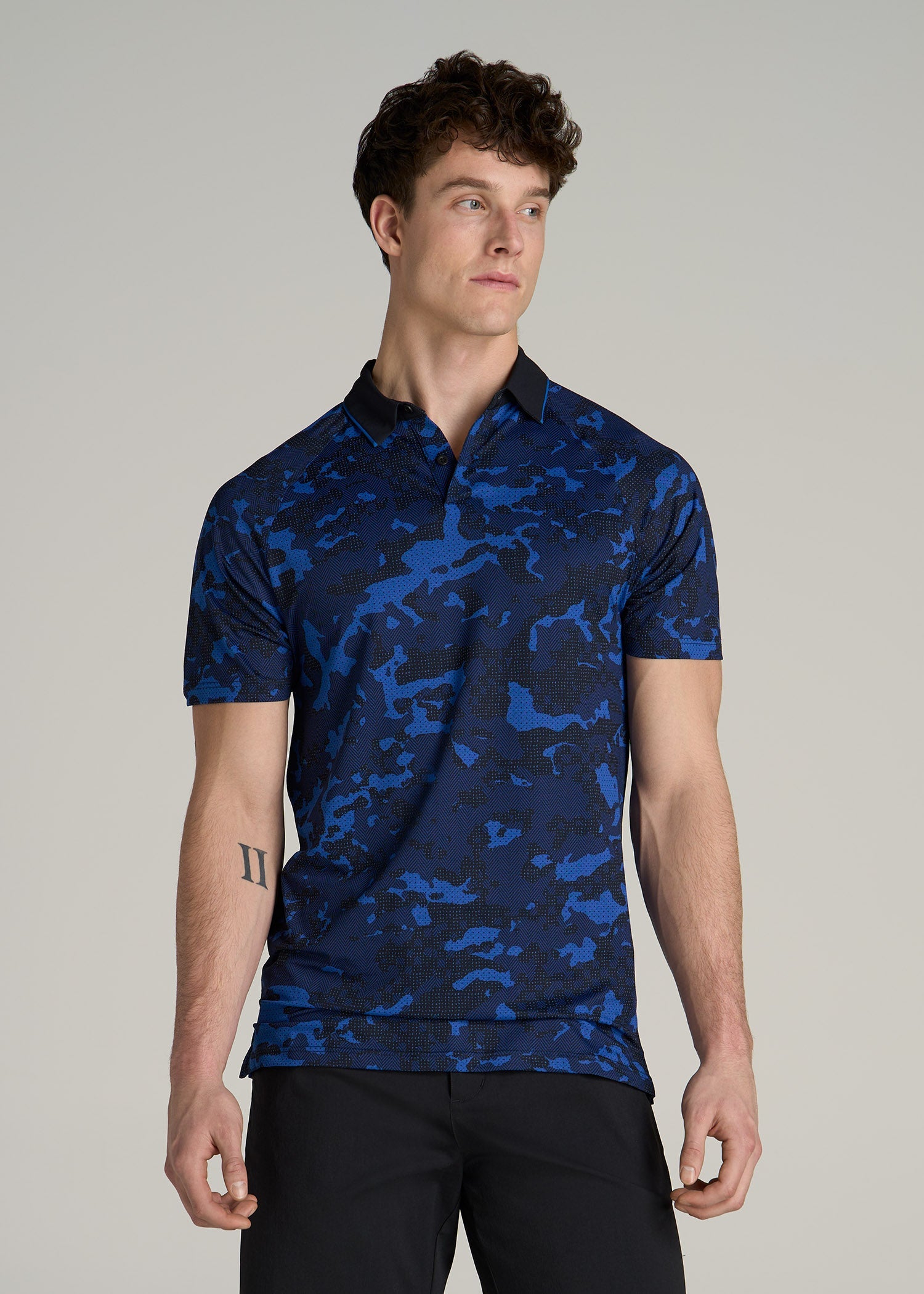 A.T. Performance Contrast Collar Golf Polo Shirt for Tall Men in Blue and Black Camo