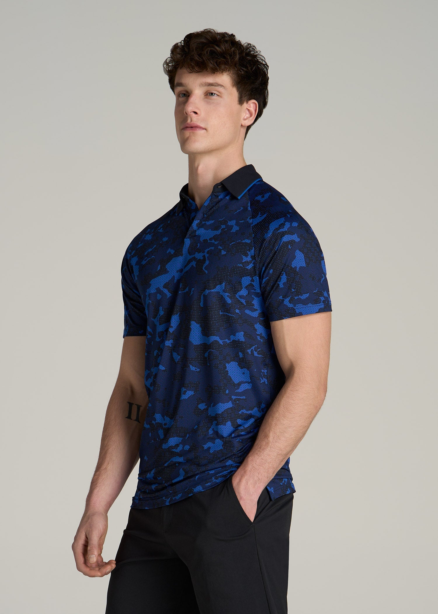 A.T. Performance Contrast Collar Golf Polo Shirt for Tall Men in Blue and Black Camo