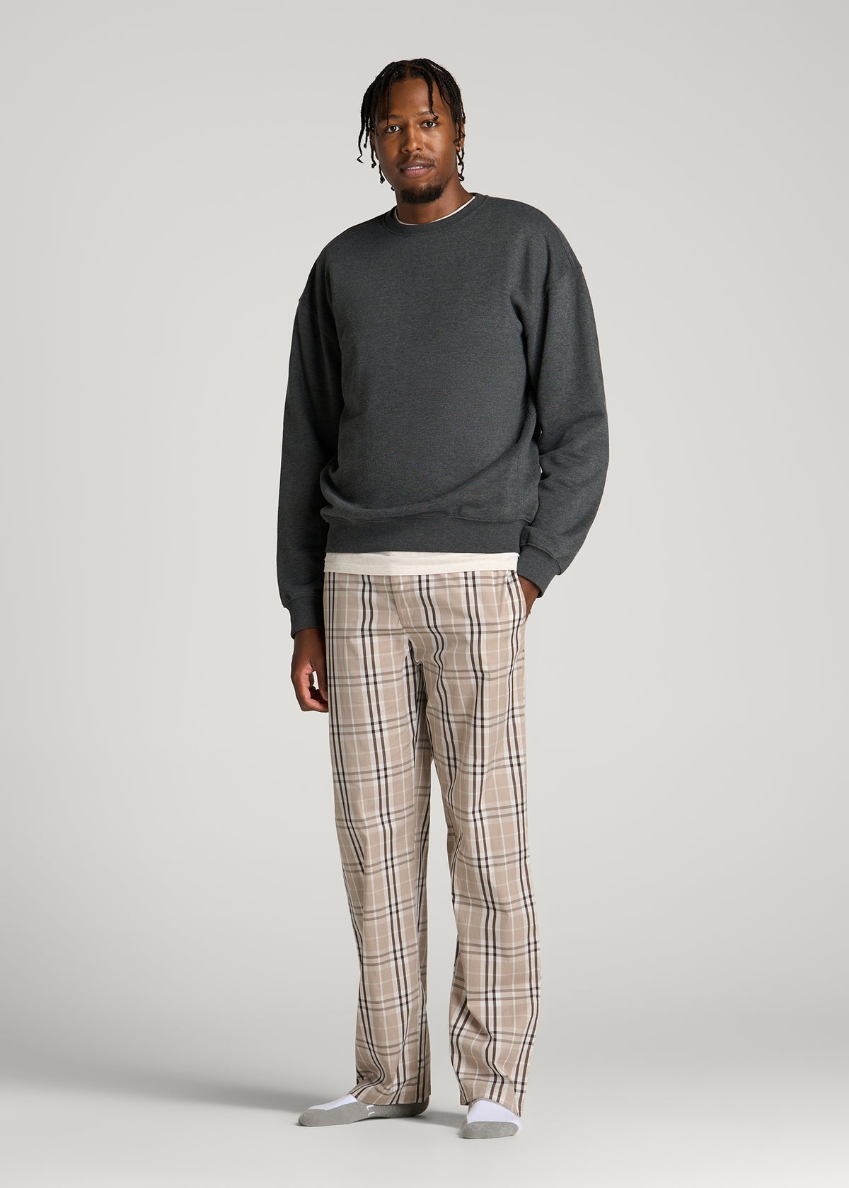 Cotton Poplin Pajama Pants for Tall Men in Taupe Plaid