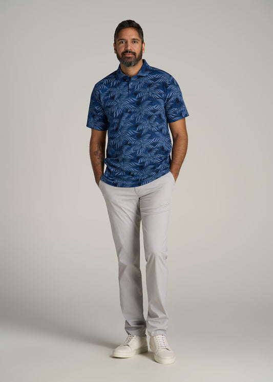 Cotton Stretch Print Polo Shirt for Tall Men in Blue Palm