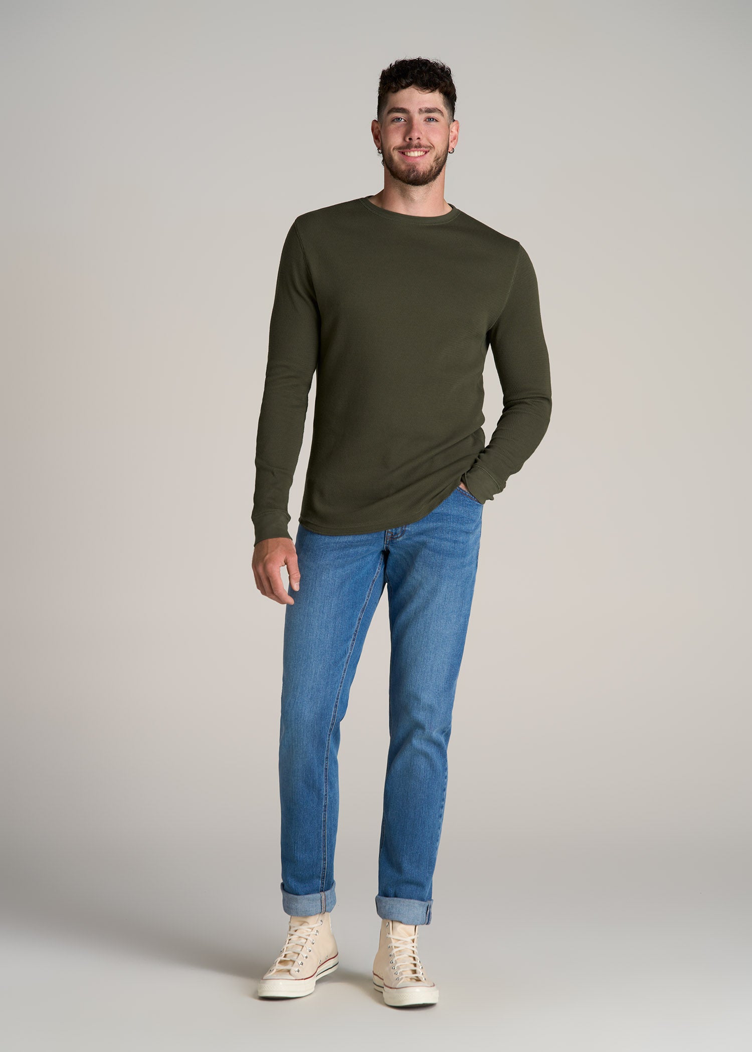 American-Tall-Men-Double-Honeycomb-Thermal-Crewneck-Dark-Olive-Green-full