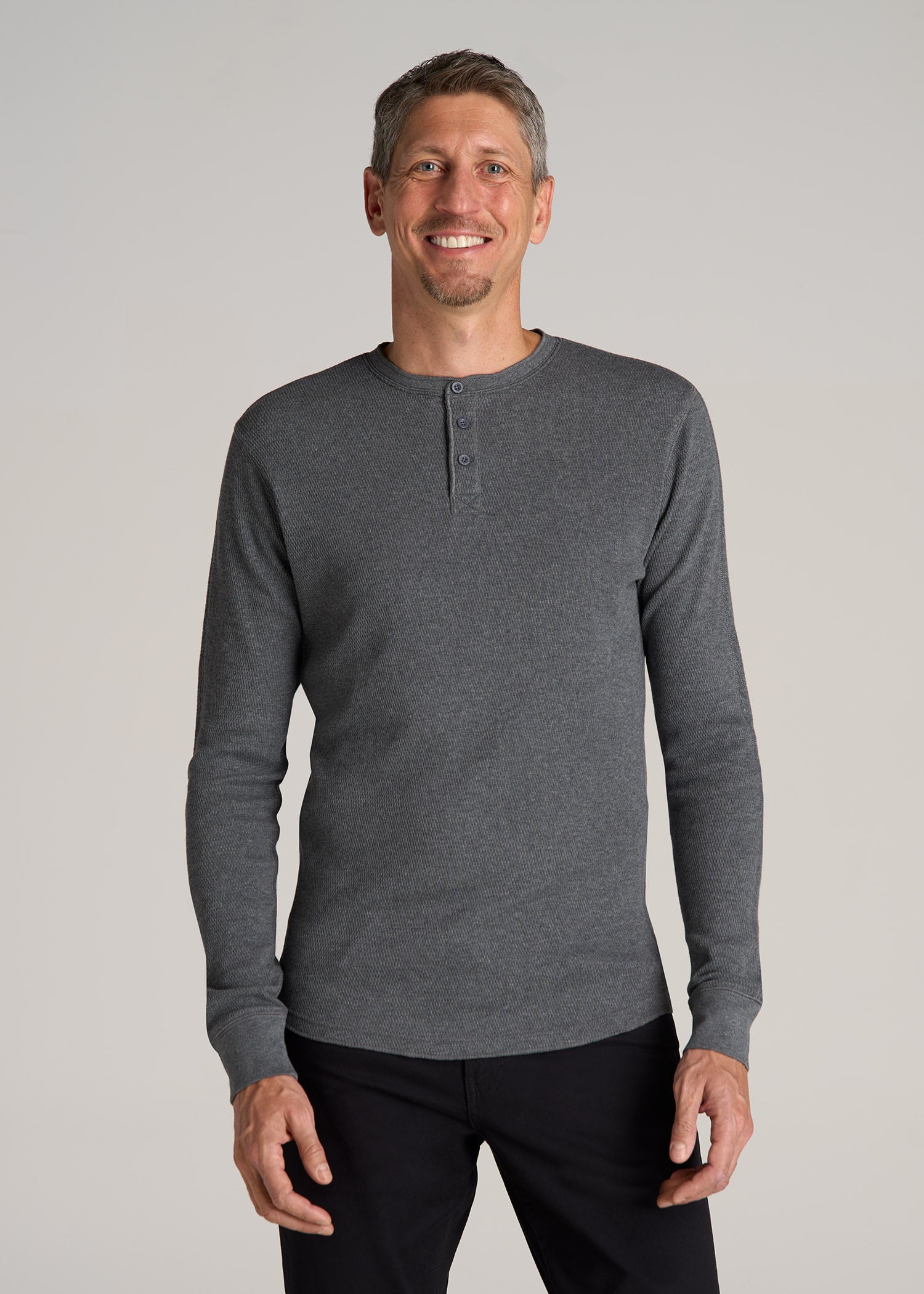 Double Honeycomb Thermal Long-Sleeve Henley Shirt for Tall Men in Charcoal Mix