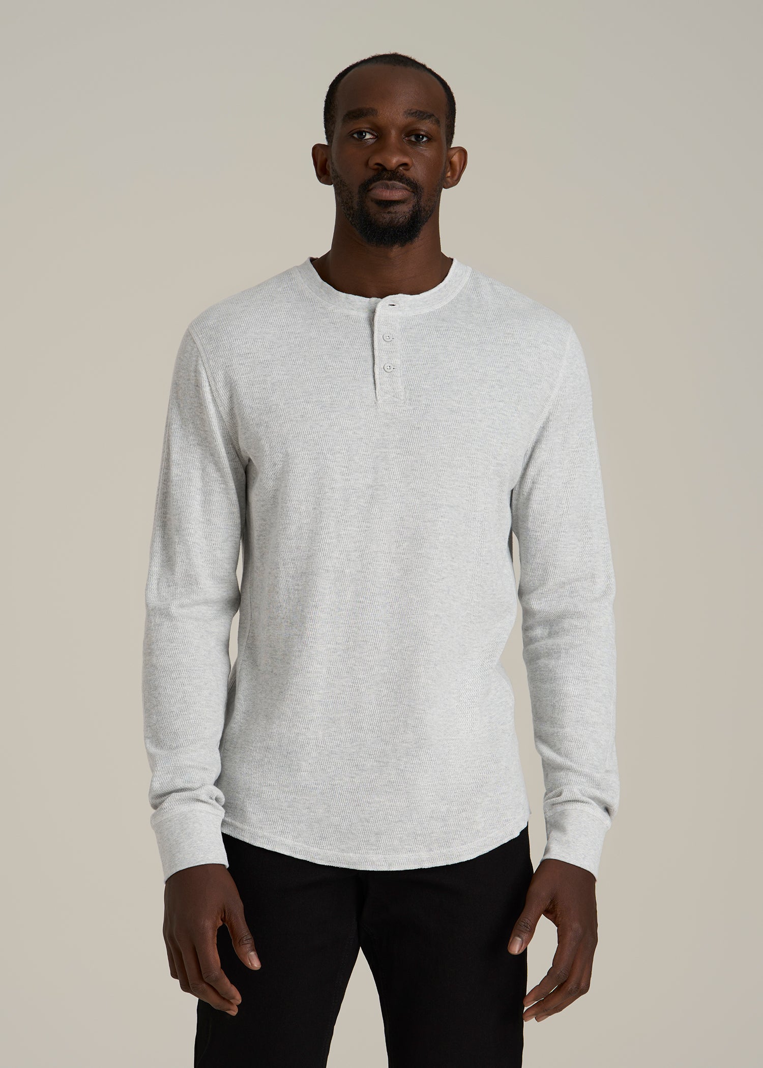 Double Honeycomb Thermal Long-Sleeve Henley Shirt for Tall Men in Light Heather Grey