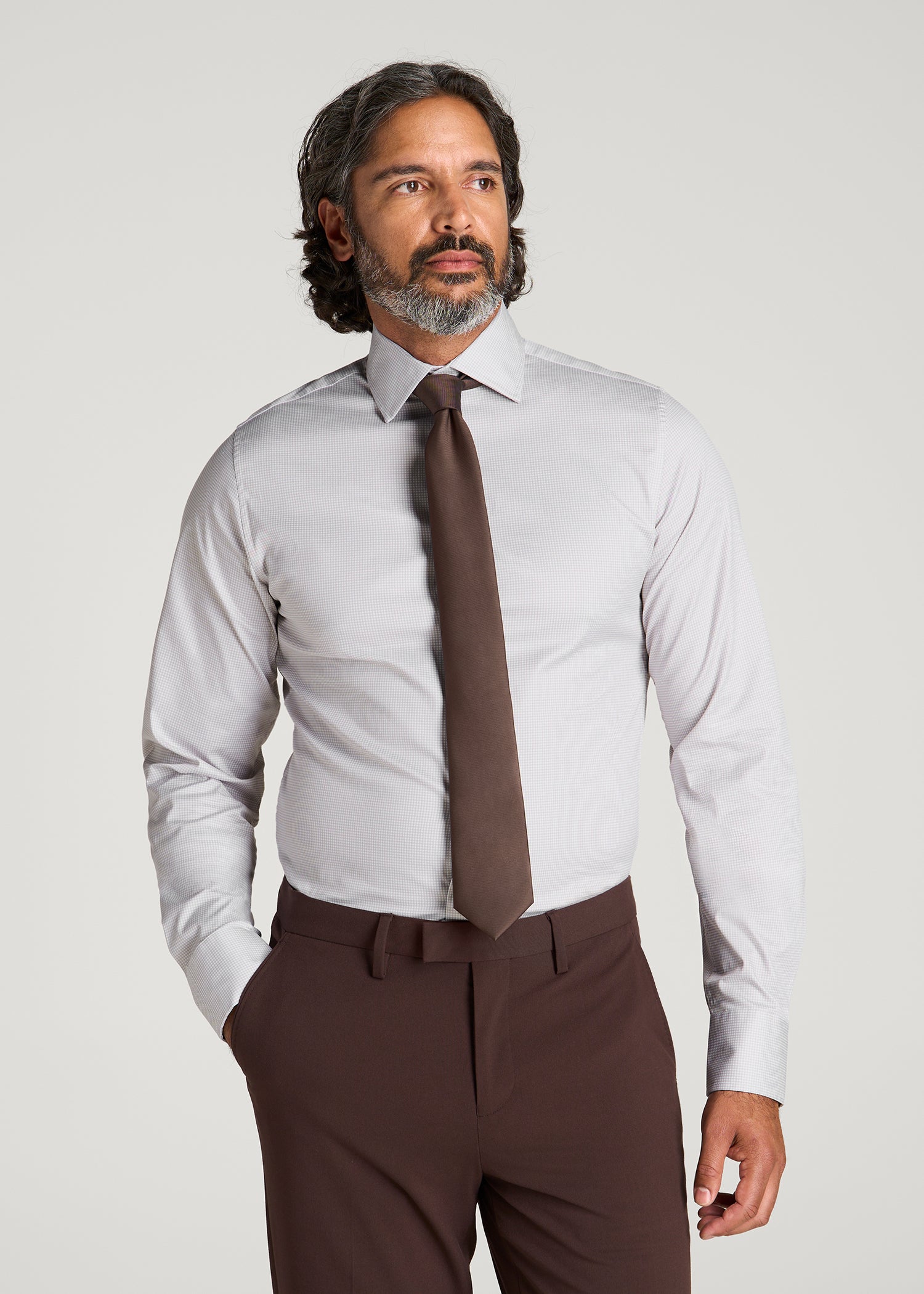 Easy Care Stretch Cotton Dress Shirt for Tall Men in Greige Houndstooth