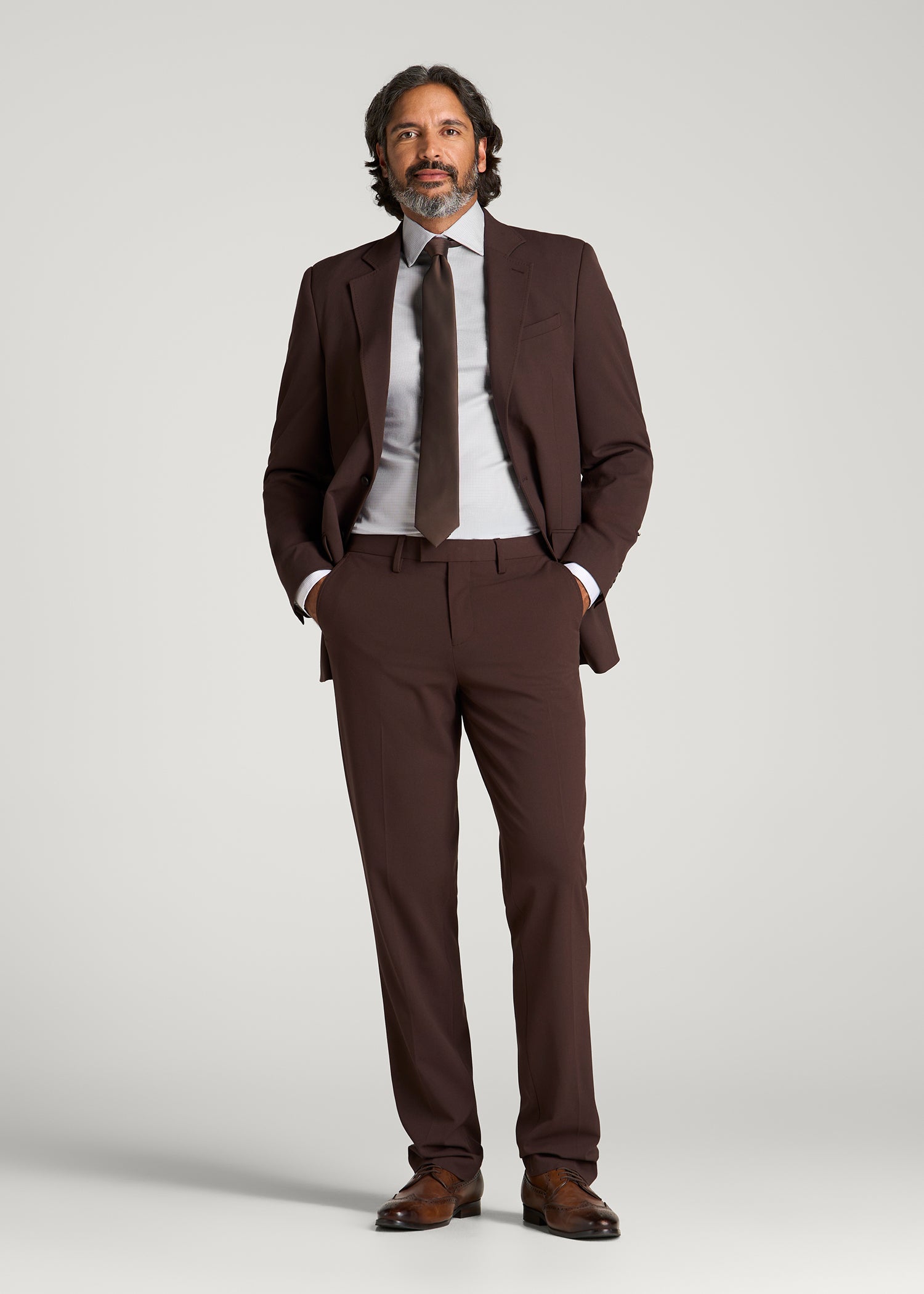 Easy Care Stretch Cotton Dress Shirt for Tall Men in Greige Houndstooth