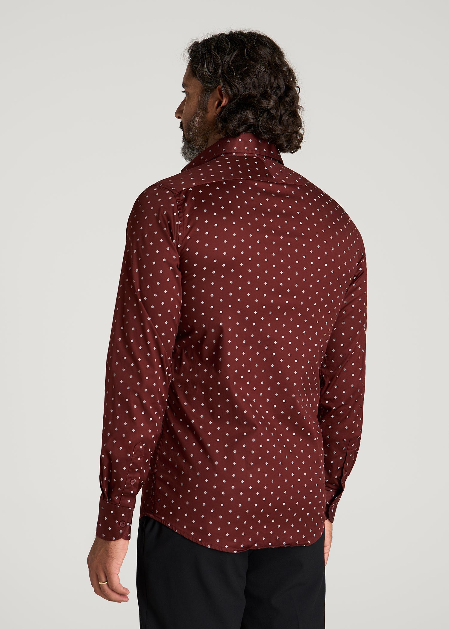 Easy Care Stretch Cotton Dress Shirt for Tall Men in Rum Raisin Geo