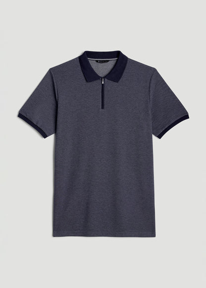 Embossed Geo Zip Collar Polo Shirt for Tall Men in Evening Blue