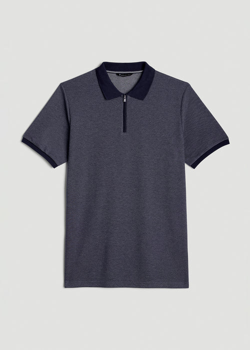 Embossed Geo Zip Collar Polo Shirt for Tall Men in Evening Blue