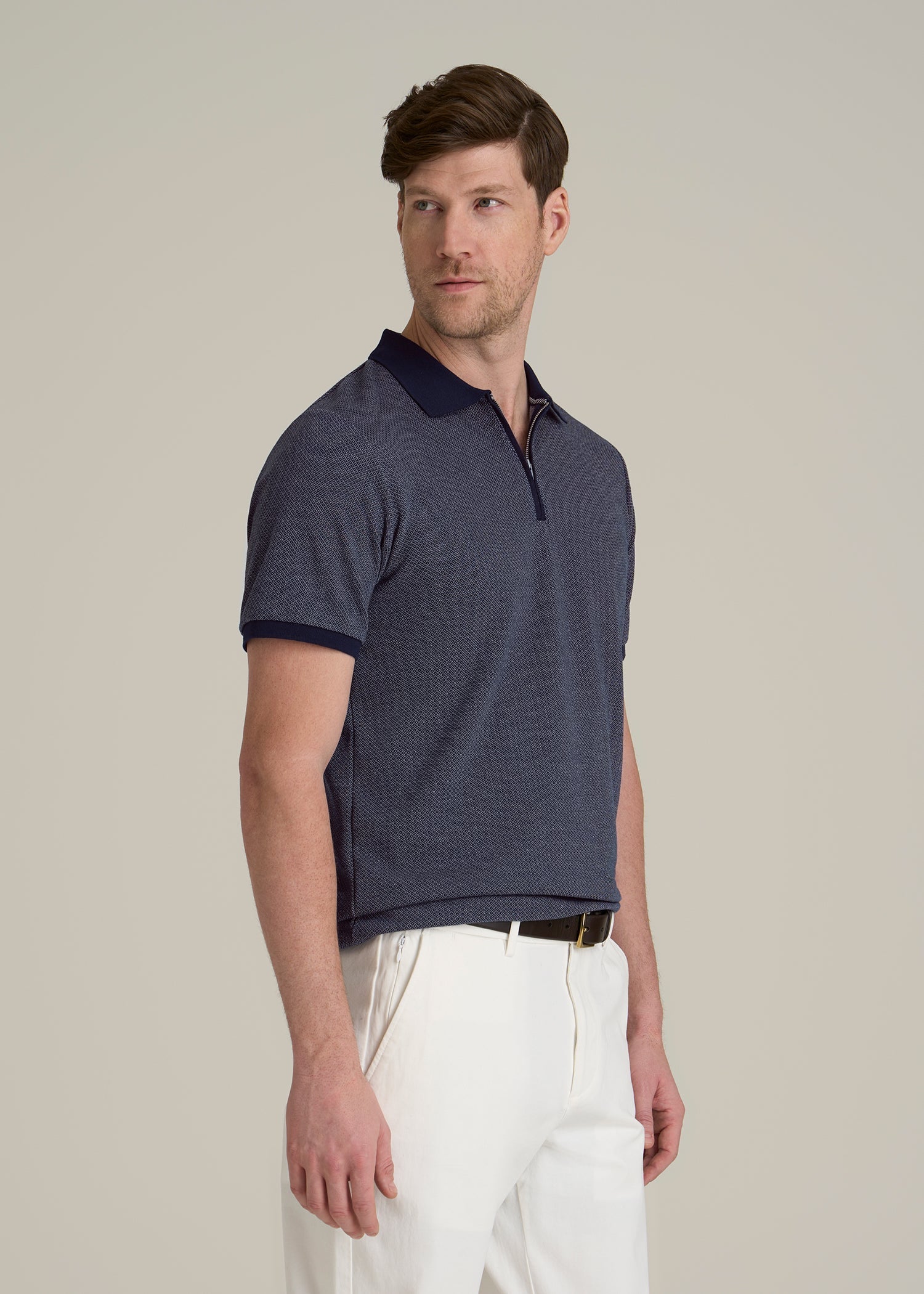Embossed Geo Zip Collar Polo Shirt for Tall Men in Evening Blue
