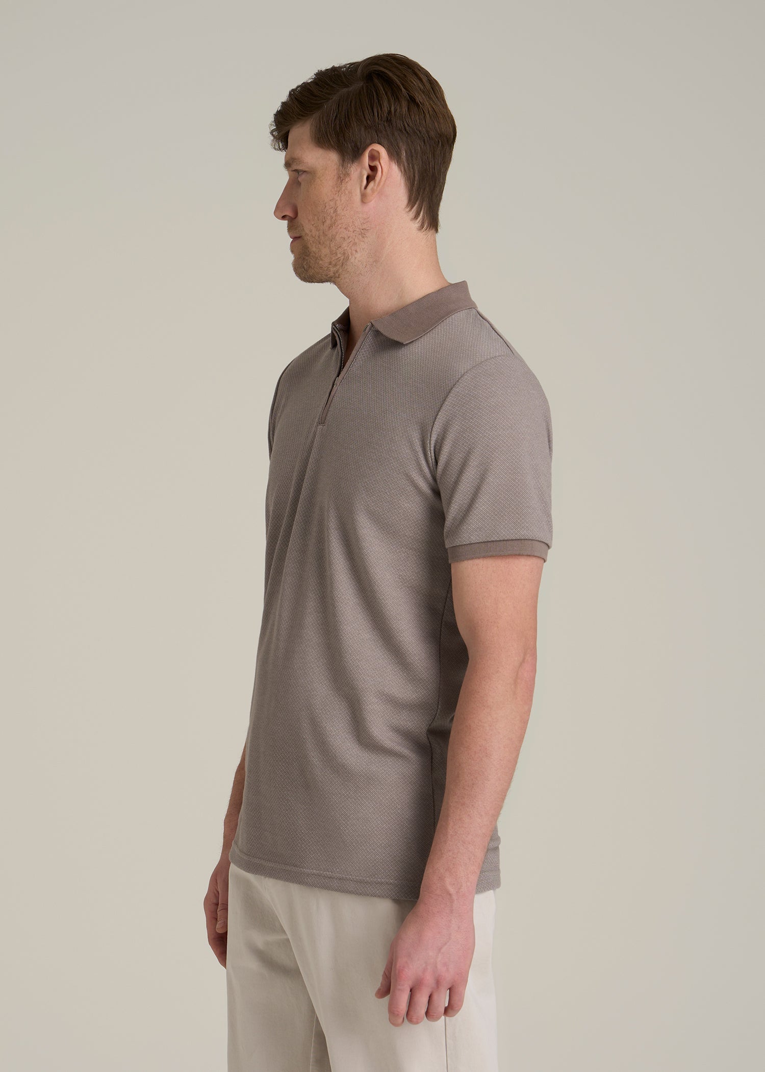 Embossed Geo Zip Collar Polo Shirt for Tall Men in Portobello