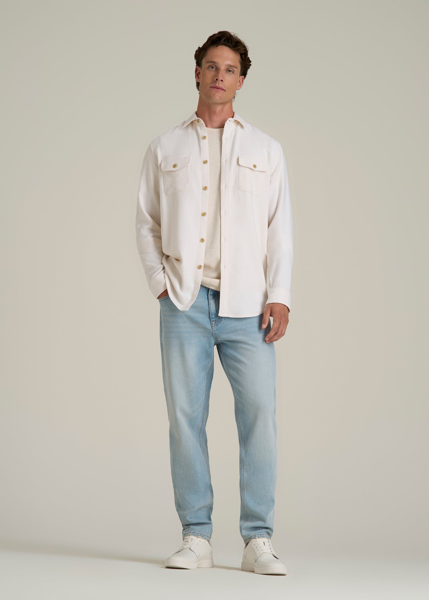 Everyday Comfort Terry Overshirt for Tall Men in White Swan