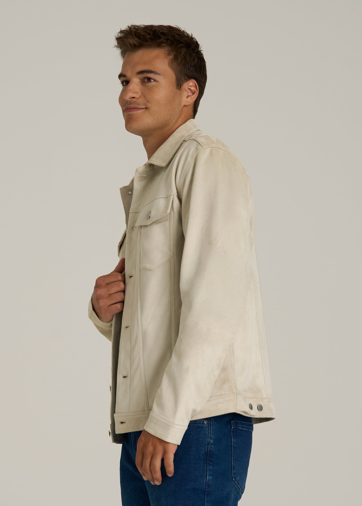 True Touch Suede Trucker Jacket for Tall Men in Overcast