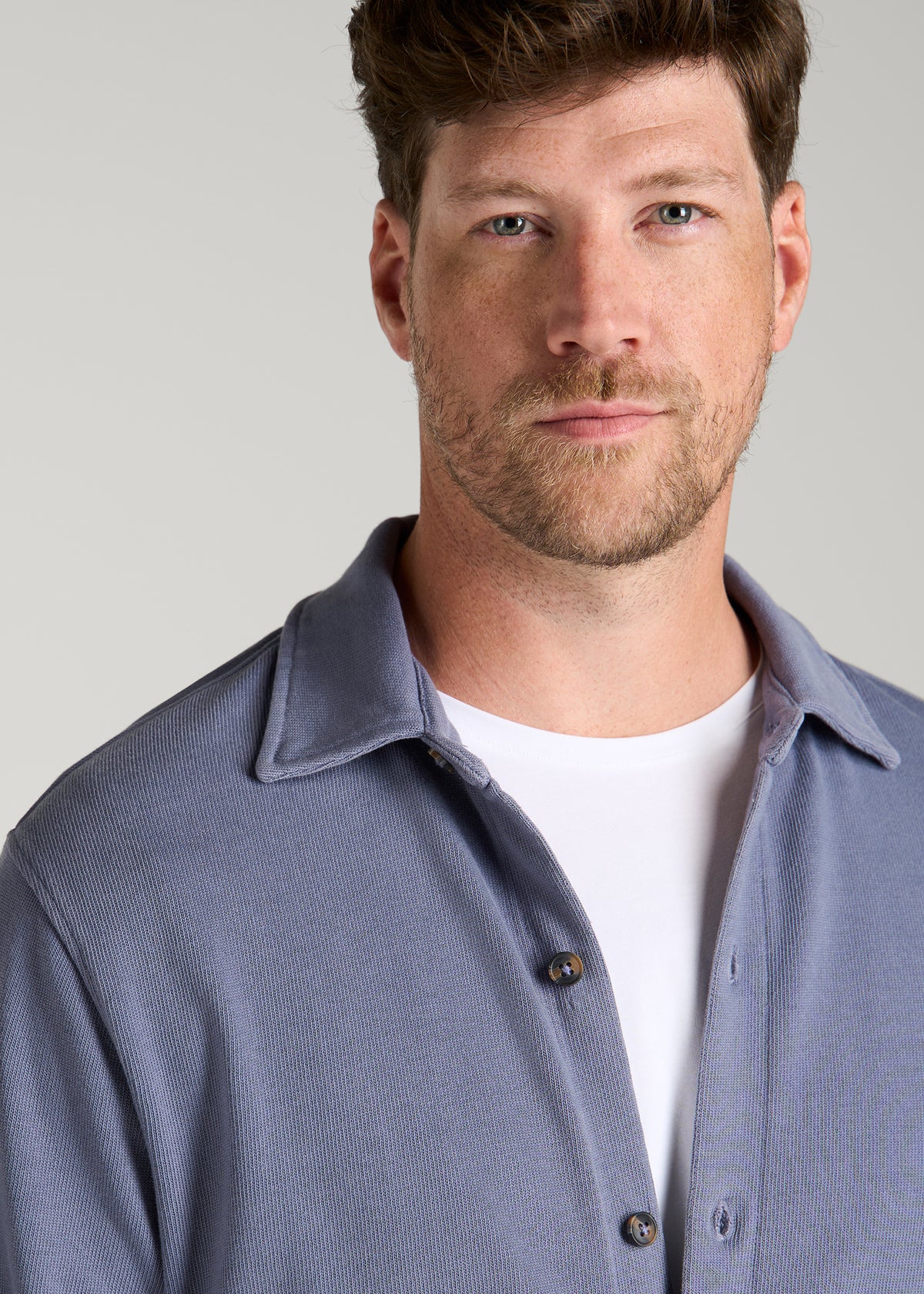 Field Knit Jersey Button Shirt for Tall Men in Blue Granite