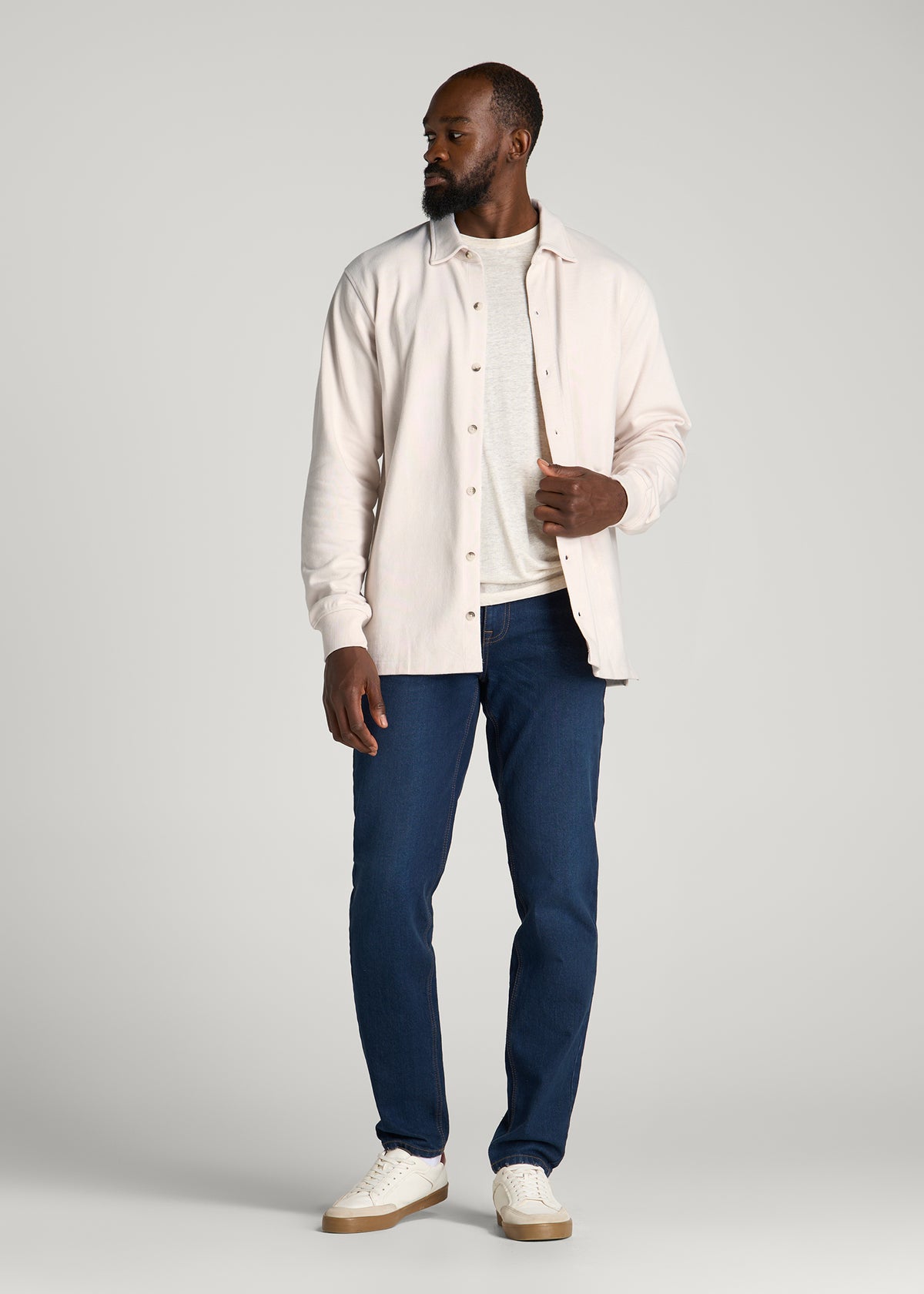 Field Knit Jersey Button Shirt for Tall Men in Parchment