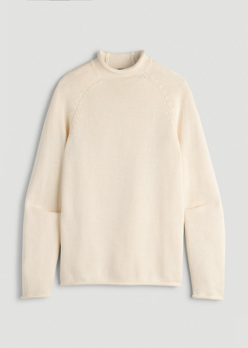 Fisherman Knit Rolled Mock Neck Sweater for Tall Men in Natural