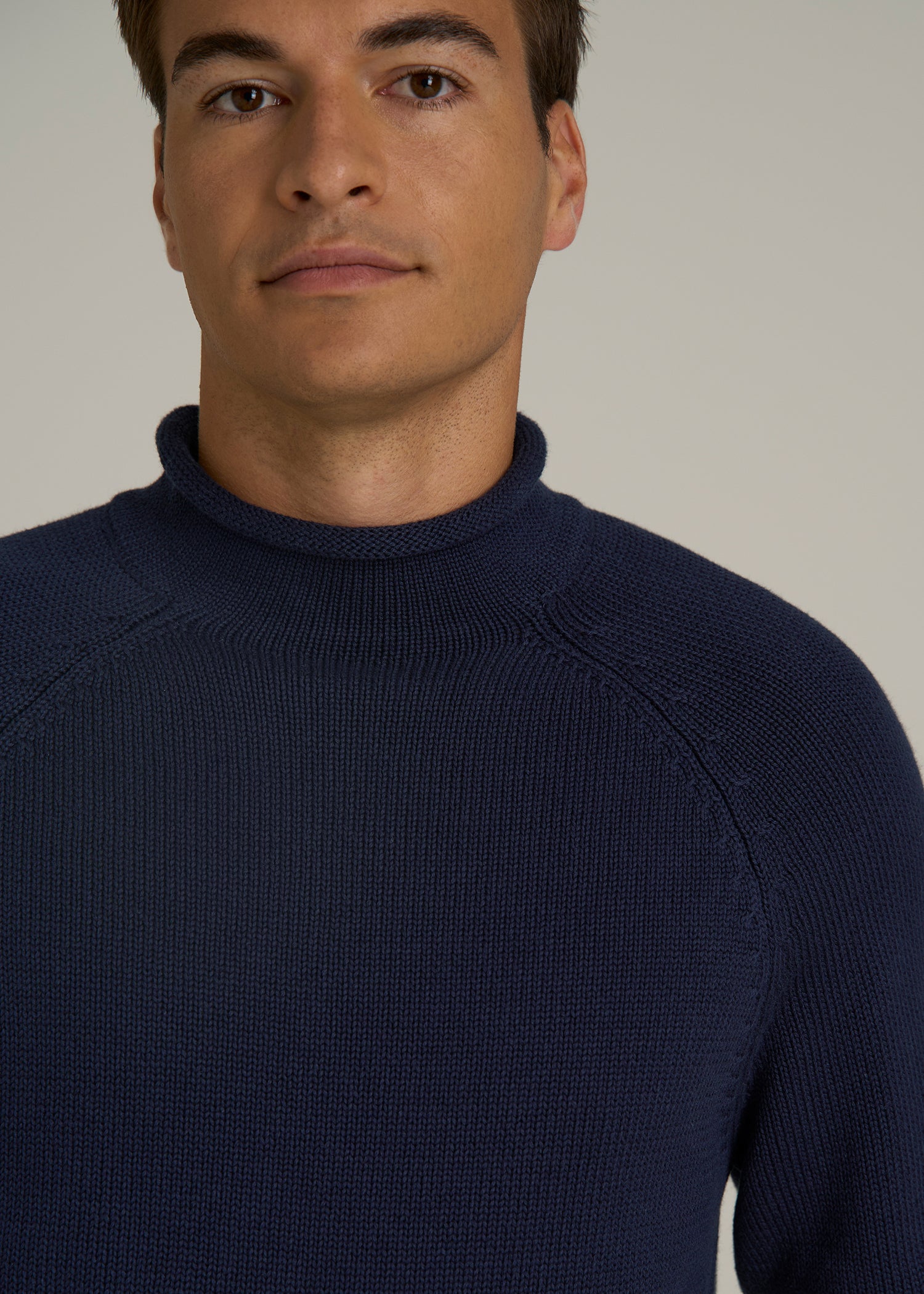 Fisherman Knit Rolled Mock Neck Sweater for Tall Men in Patriot Blue