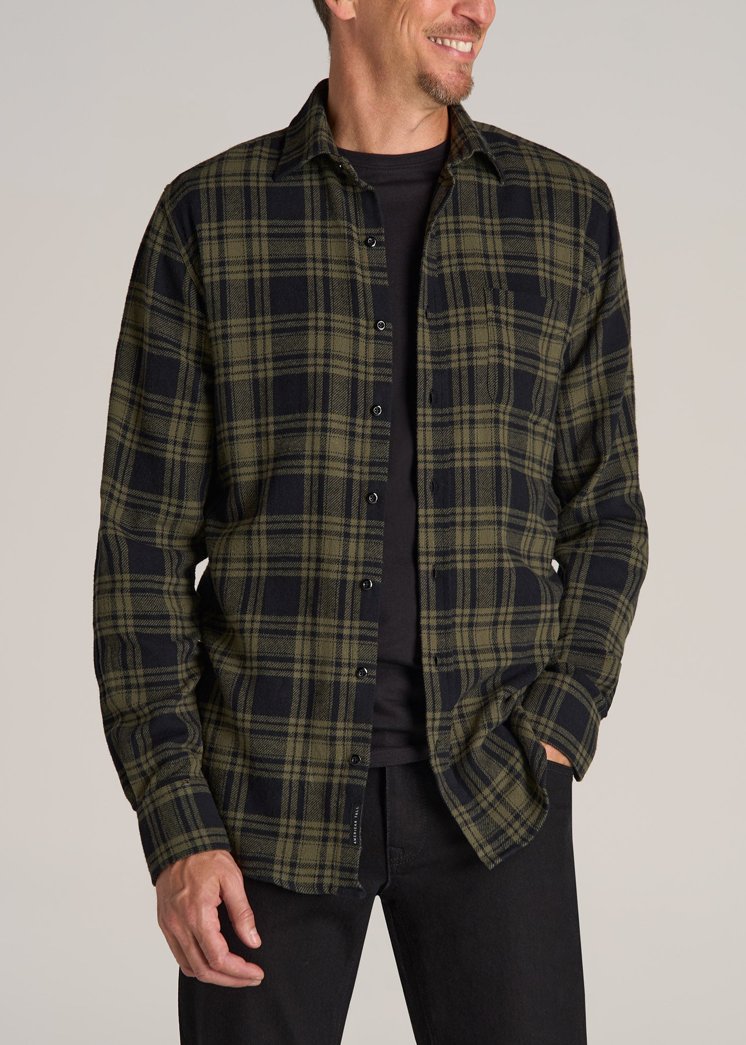 Nelson Flannel Shirt for Tall Men in Black and Green Plaid