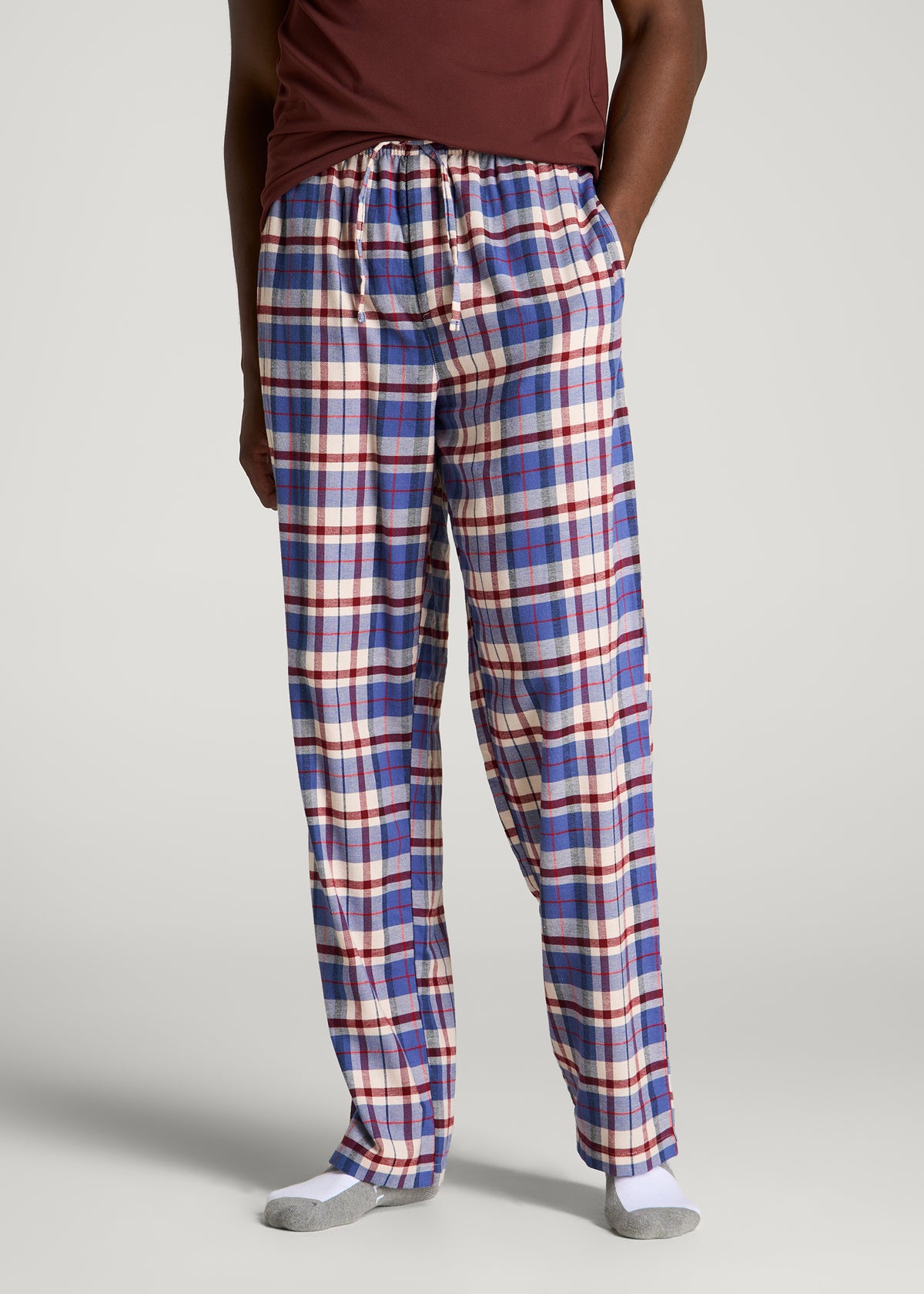 Flannel Pajama Pants for Tall Men in Cobalt and Red Plaid