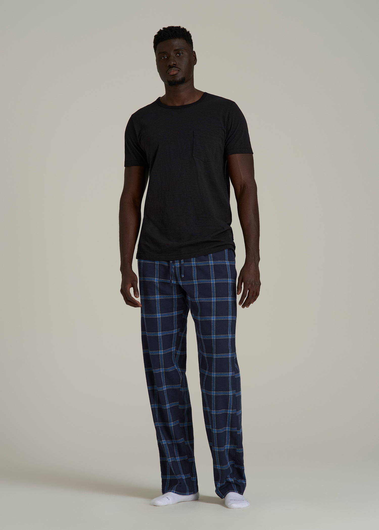 Flannel Pajama Pants for Tall Men in Navy and Blue Windowpane