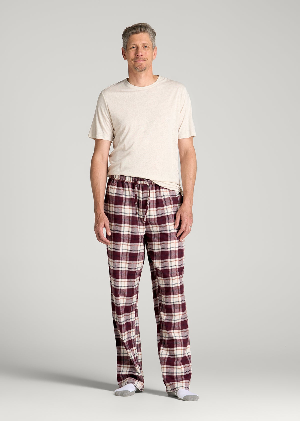 Flannel Pajama Pants for Tall Men in Port Royale and Beige Plaid