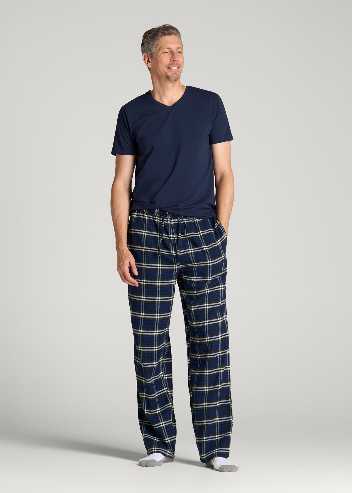 Flannel Pajama Pants for Tall Men in Royal Blue and Green Plaid