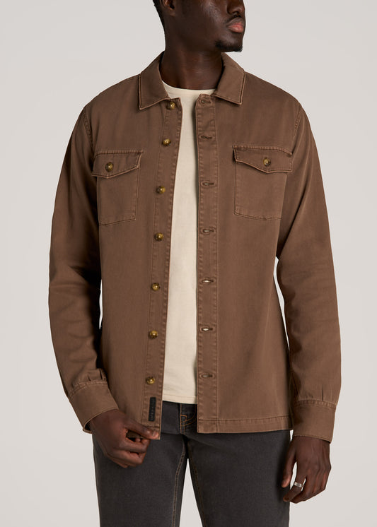Garment Dyed Lightweight Overshirt For Tall Men in Tobacco Brown