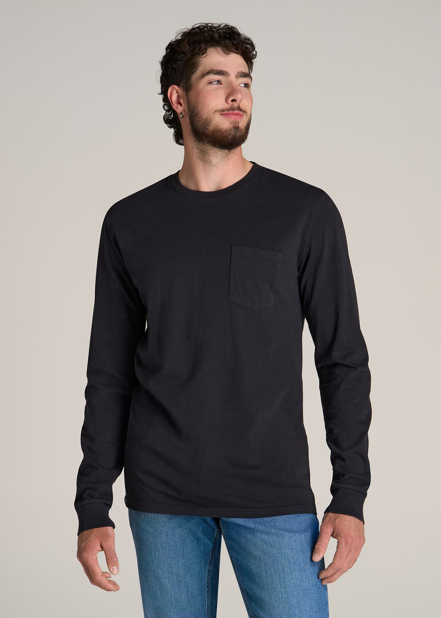 Garment Dyed Long Sleeve Pocket Tee for Tall Men in Black