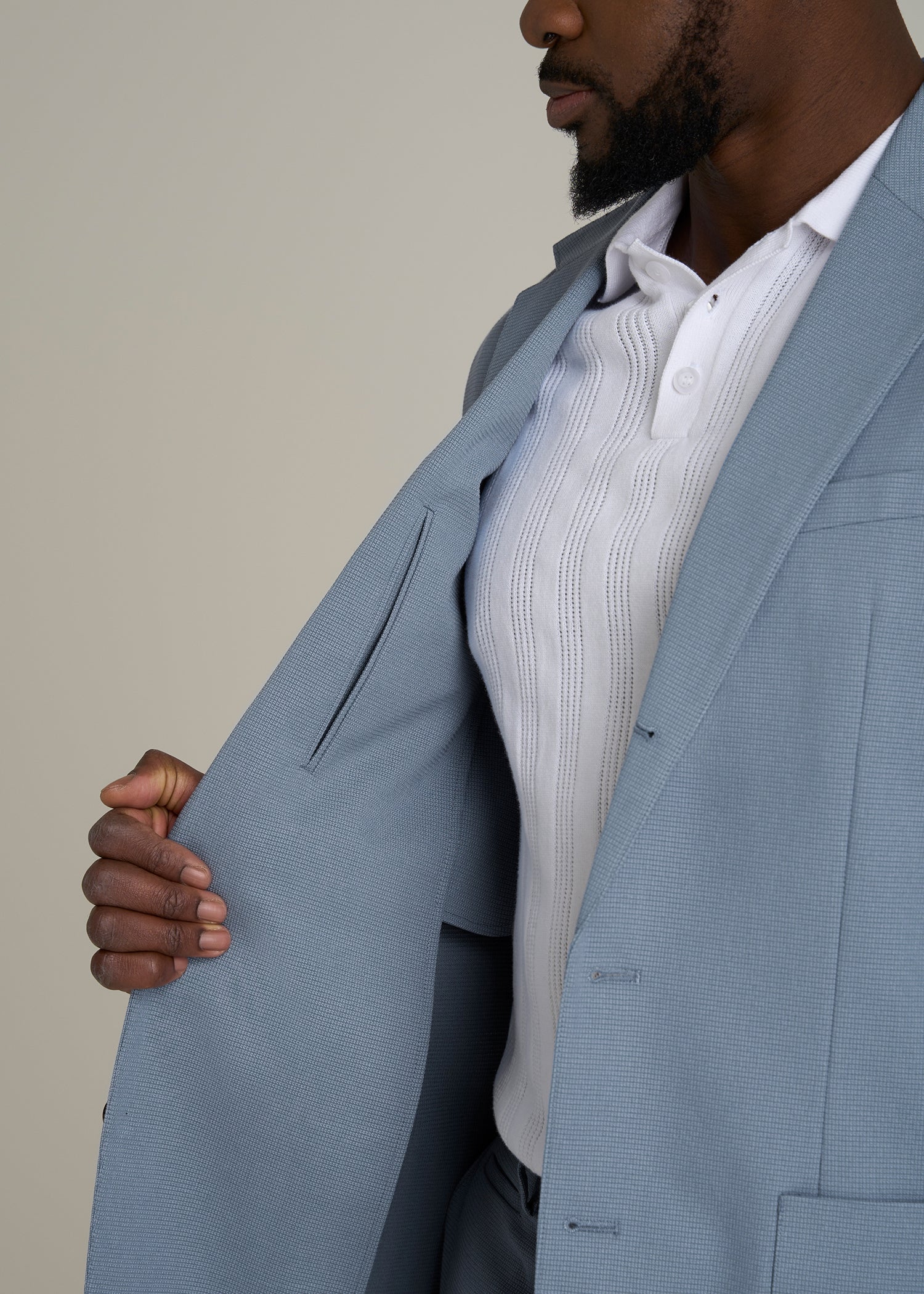 Textured Garment Washed Stretch Cotton Blazer for Tall Men in Chambray