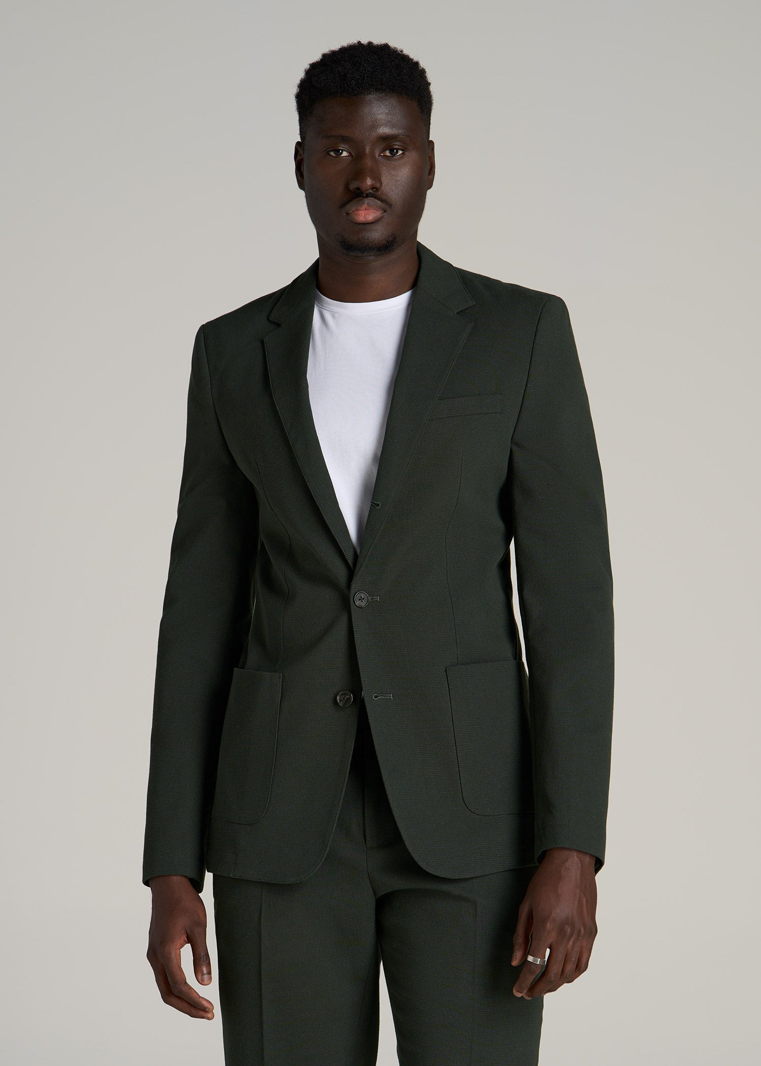 Textured Garment Washed Stretch Cotton Blazer for Tall Men in Dark Olive Green