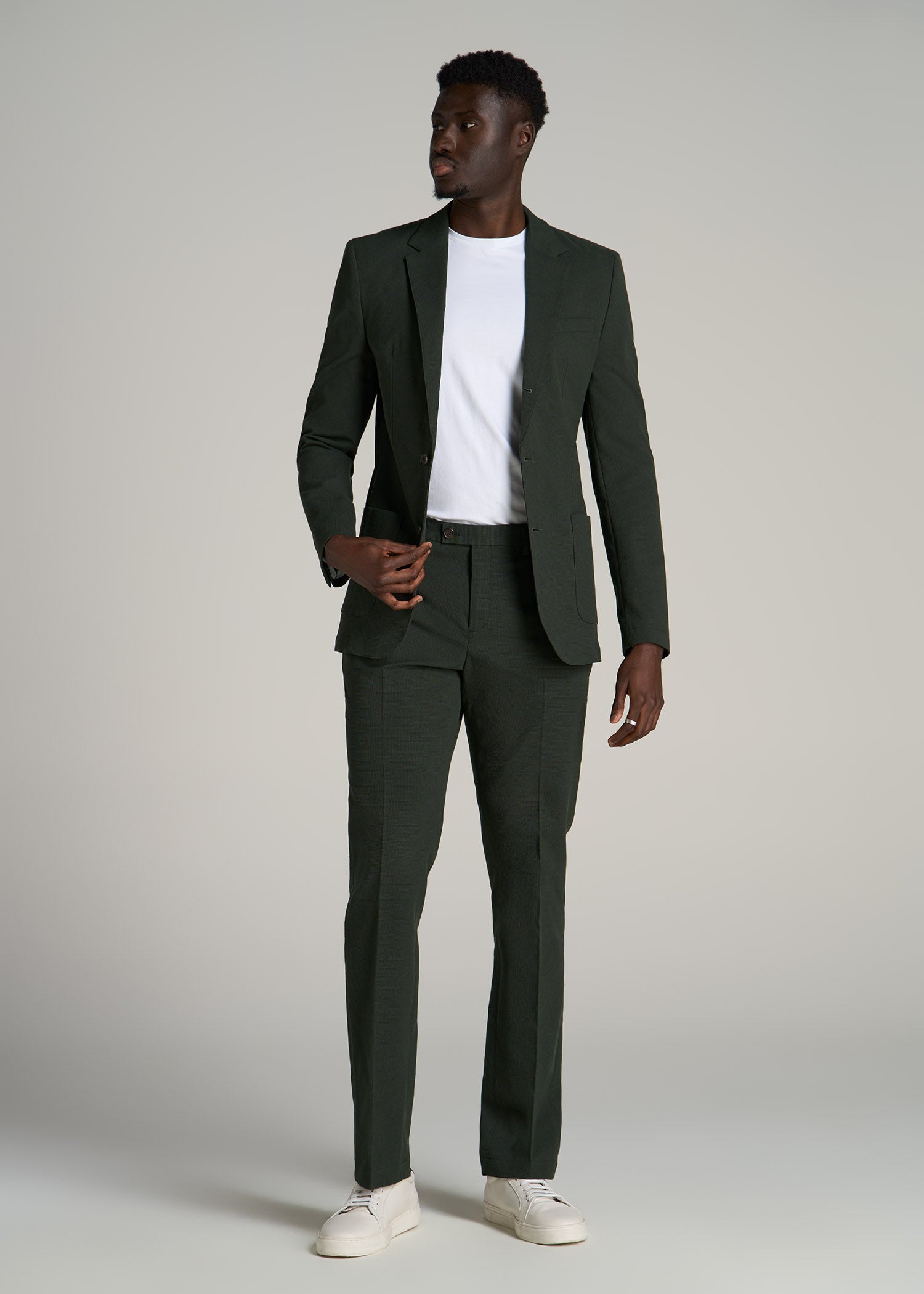 Textured Garment Washed Stretch Cotton Blazer for Tall Men in Dark Olive Green