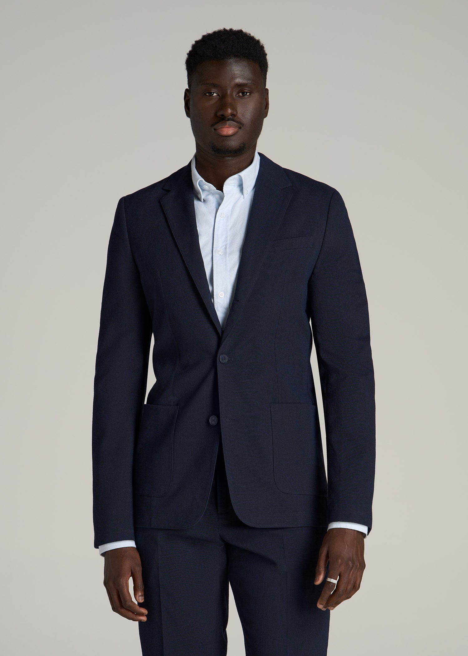 Textured Garment Washed Stretch Cotton Blazer for Tall Men in Evening Blue