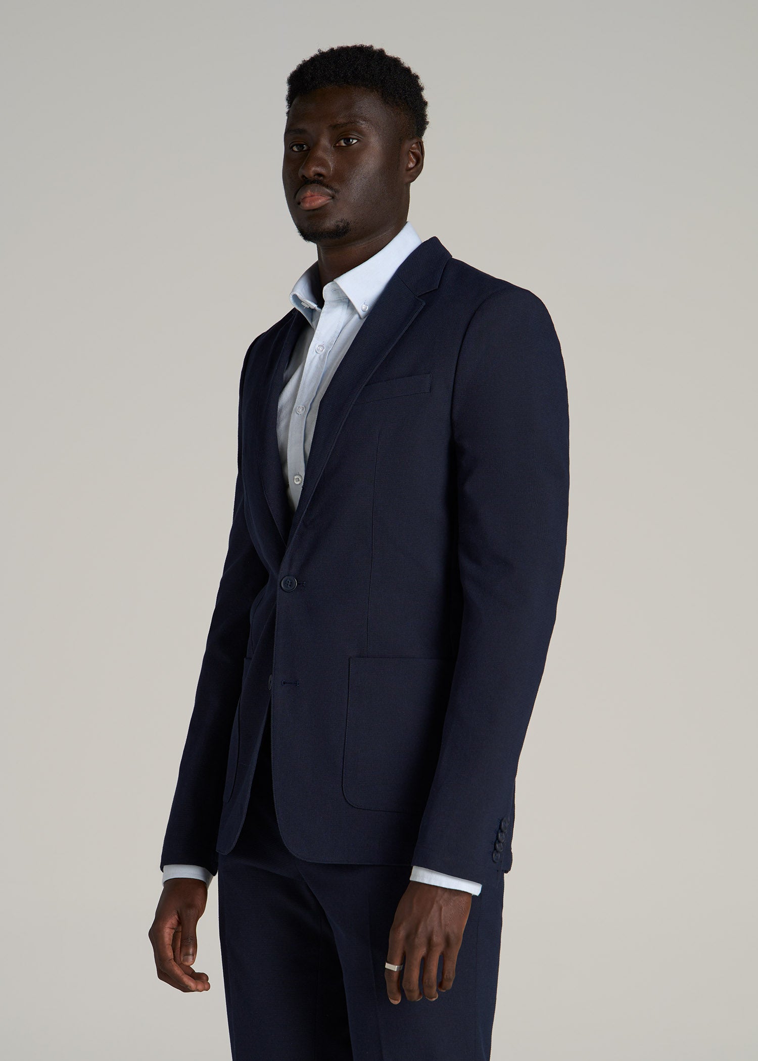 Textured Garment Washed Stretch Cotton Blazer for Tall Men in Evening Blue