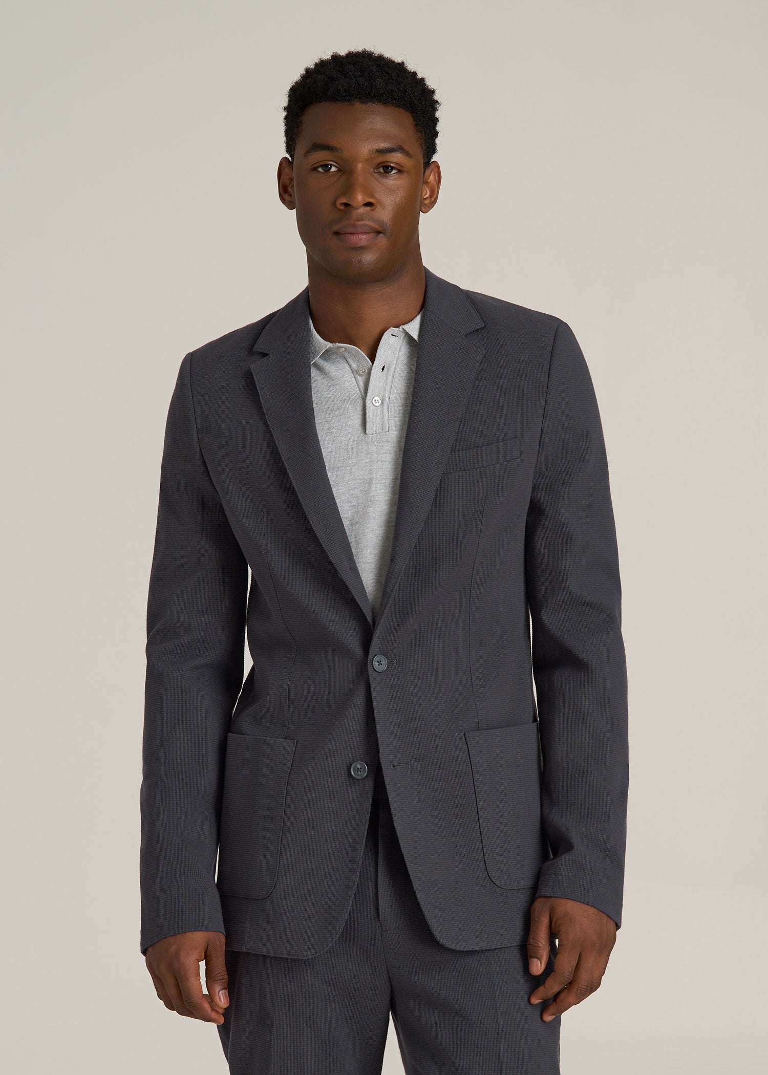 Textured Garment Washed Stretch Cotton Blazer for Tall Men in Iron Grey