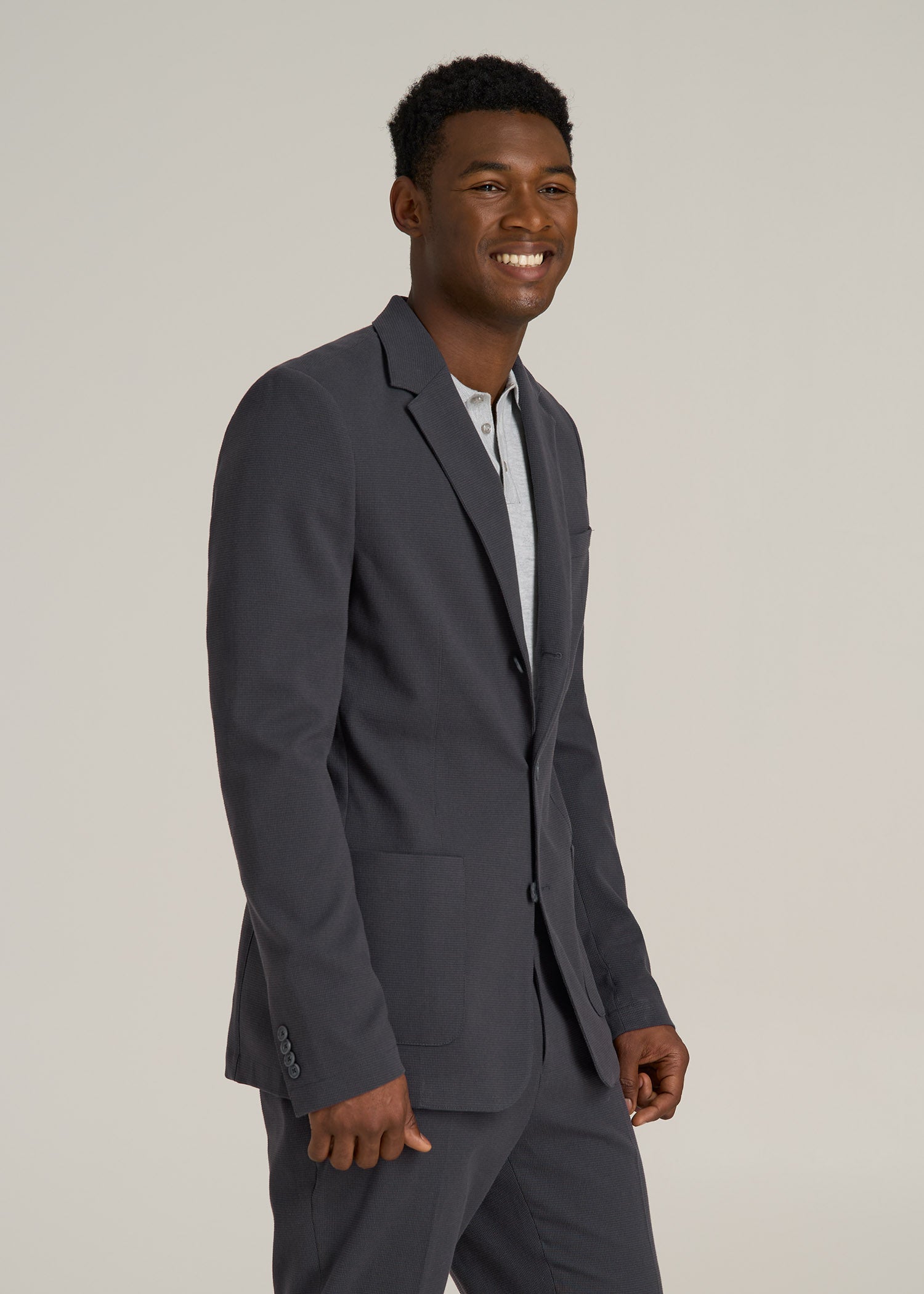 Textured Garment Washed Stretch Cotton Blazer for Tall Men in Iron Grey