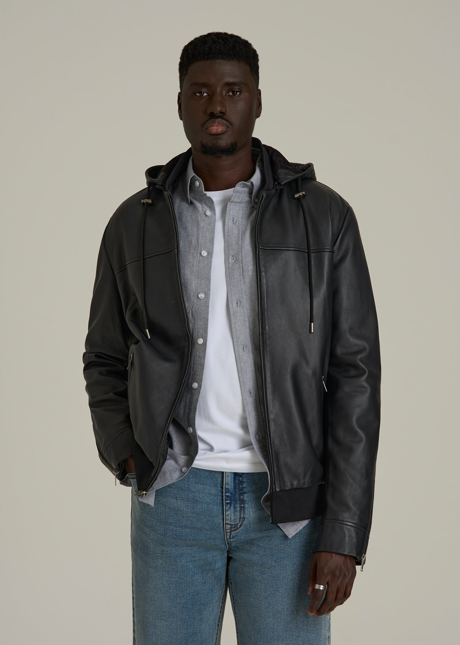 Genuine Leather Hooded Bomber for Tall Men in Black