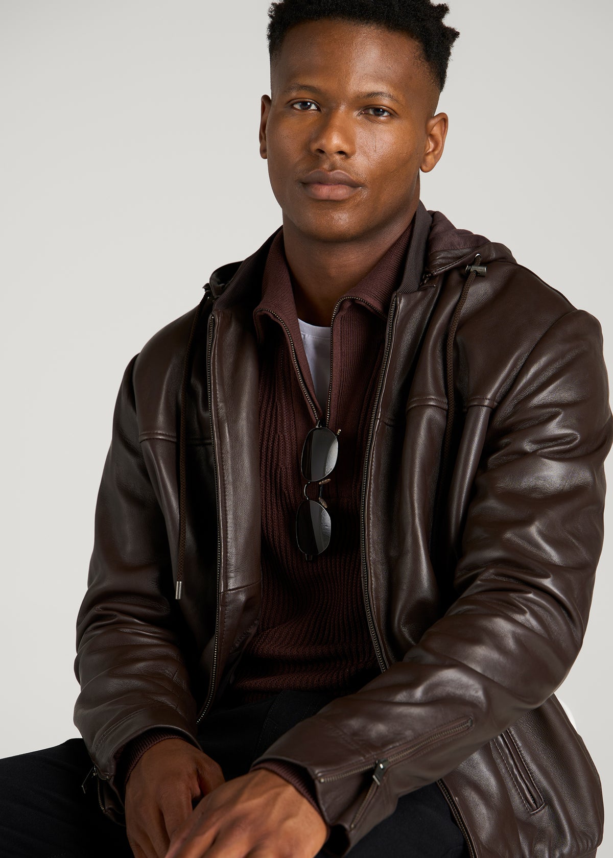 Genuine Leather Hooded Bomber for Tall Men in Deep Espresso