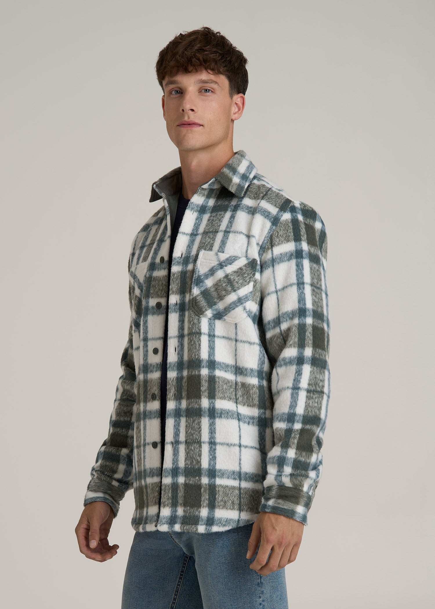 Brushed Flannel Overshirt for Tall Men in Ecru and Green Plaid