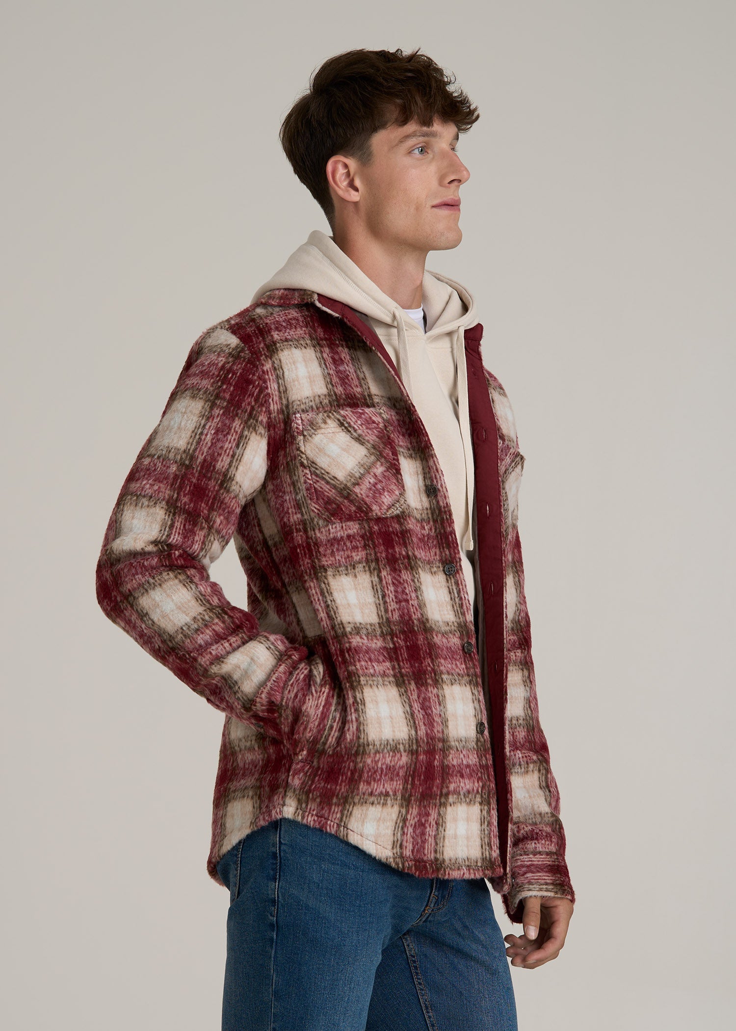 Brushed Flannel Overshirt for Tall Men in Ecru and Red Plaid