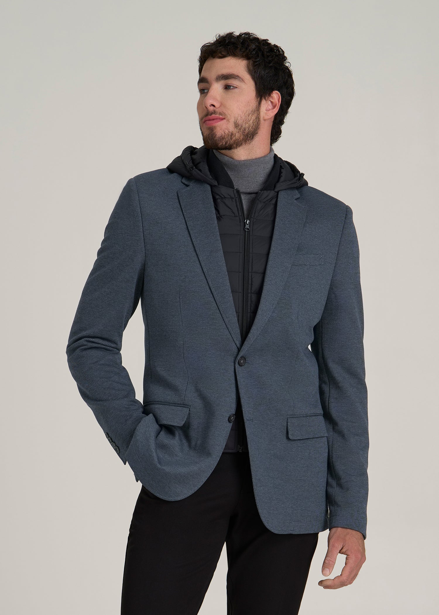 Hooded Bib Blazer for Tall Men in Black and Grey Houndstooth