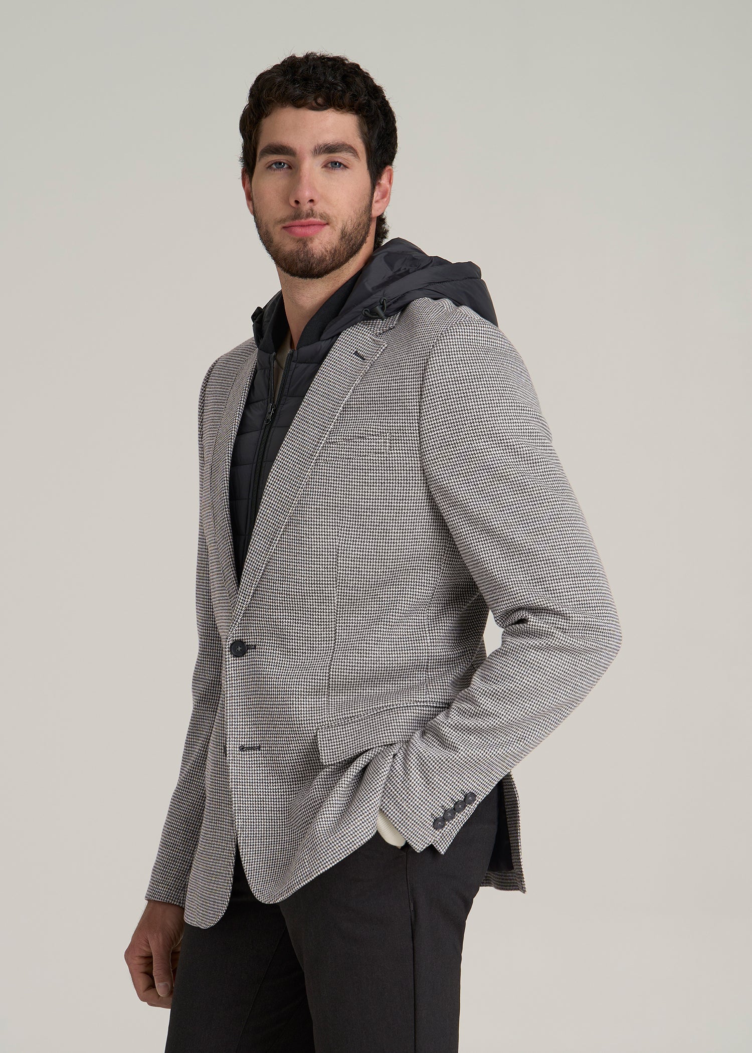 Hooded Bib Blazer for Tall Men in Chocolate and Black Houndstooth