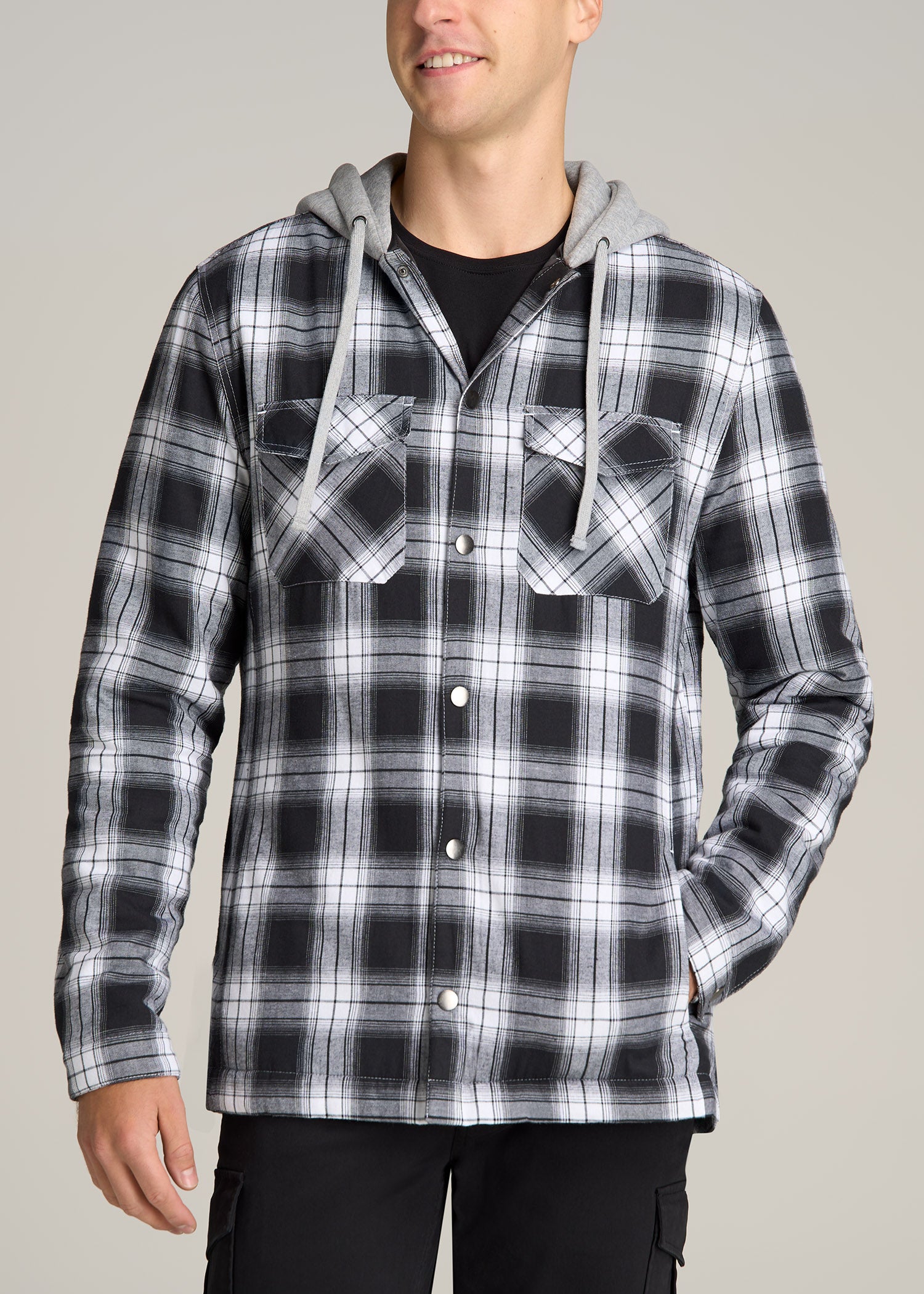 Hooded Flannel Shirt Jacket for Tall Men in Black & White Plaid XL / Tall / Black & White Plaid