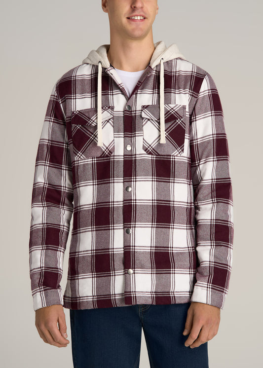 Hooded Flannel Shirt Jacket for Tall Men in Maroon & White Plaid