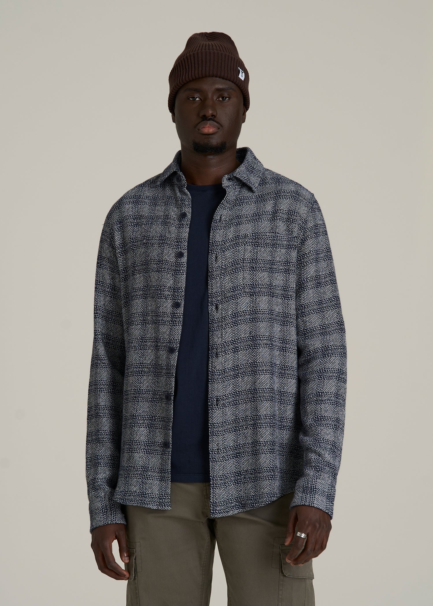 Lightweight Woven Overshirt for Tall Men in Navy Textured Grid